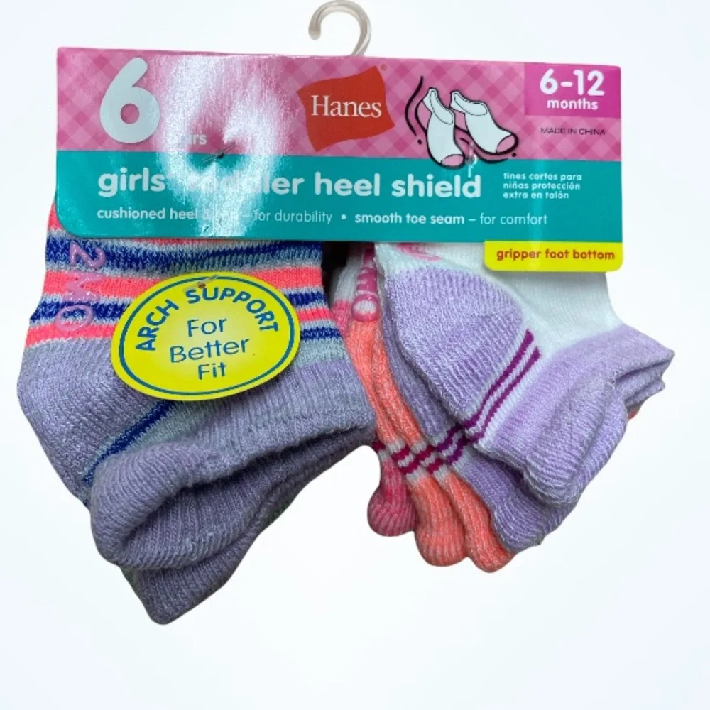Hanes Girls Toddler Heel Shield Arch Support 6-Pairs Socks 6-12 Months NEW
